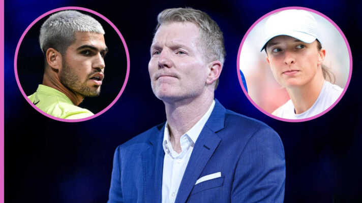 Pictured: Jim Courier with insets of Carlos Alcaraz and Iga Swiatek