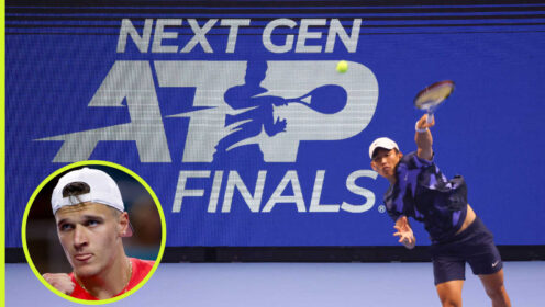 Pictured: Next Gen ATP Finals logo with inset of Jakub Mensik