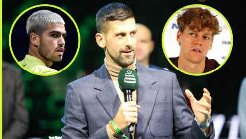 Pictured: Novak Djokovic with insets of Carlos Alcaraz and Jannik Sinner