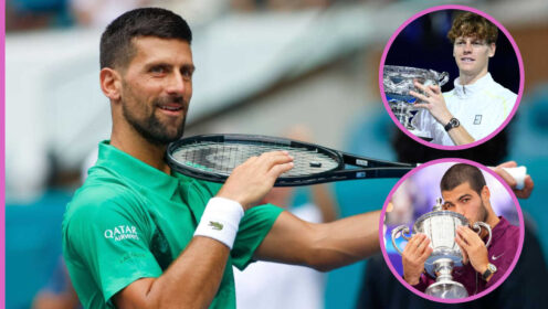Pictured: Novak Djokovic with insets of Jannik Sinner and Carlos Alcaraz