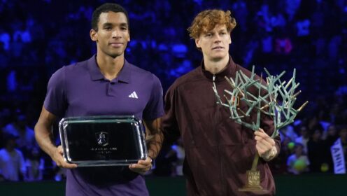 Pictured L-R: Felix Auger-Aliassime and Lorenzo Musetti after the Paris Masters final.