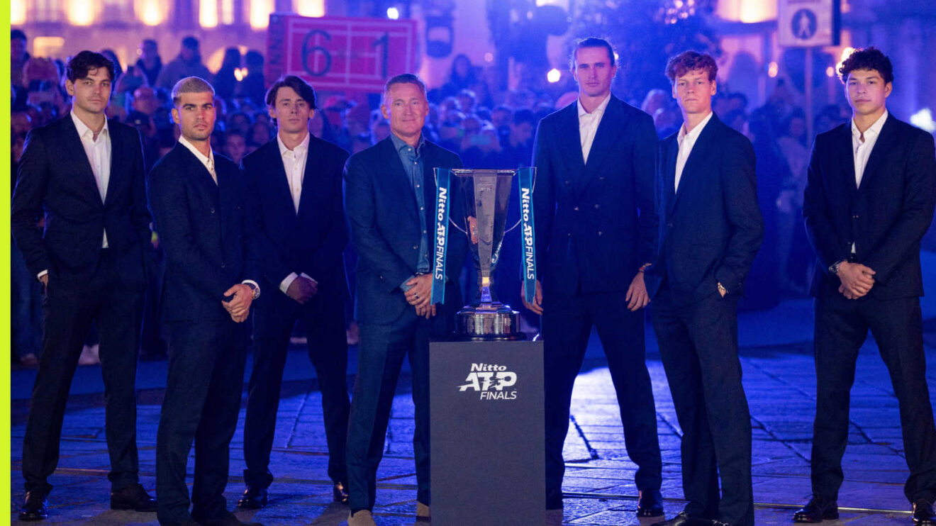 Pictured: Taylor Fritz, Carlos Alcaraz, Alex de Minaur, Andrea Gaudenzi, Alexander Zverev, Jannik Sinner and Ben Shelton
