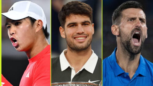 Pictured L-R: Learner Tien, Carlos Alcaraz, and Novak Djokovic.