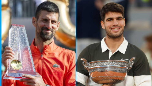 Pictured: Novak Djokovic and Carlos Alcaraz.