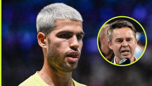 Pictured: Carlos Alcaraz and Todd Woodbridge.