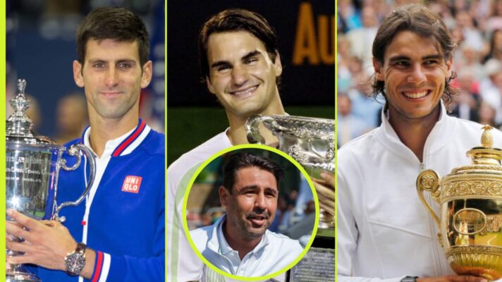 Novak Djokovic, Roger Federer & Rafael Nadal with Marcos Baghdatis inset
