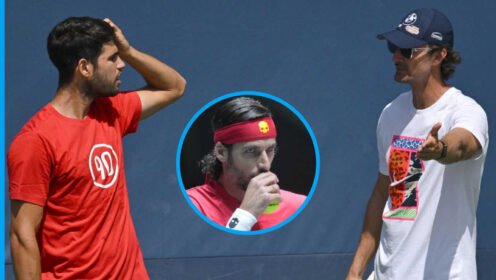 Pictured: Carlos Alcaraz and Juan Carlos Ferrero with inset of Feliciano Lopez