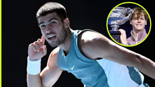 Pictured: Carlos Alcaraz with inset of Jannik Sinner