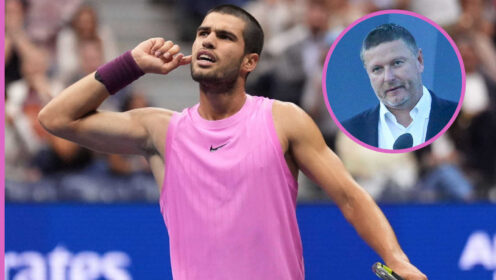 Pictured: Carlos Alcaraz with inset of Yevgeny Kafelnikov