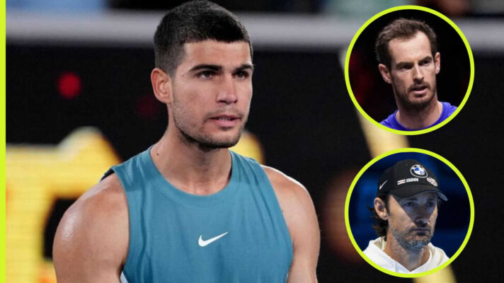 Pictured: Carlos Alcaraz with insets of Andy Murray and Juan Carlos Ferrero