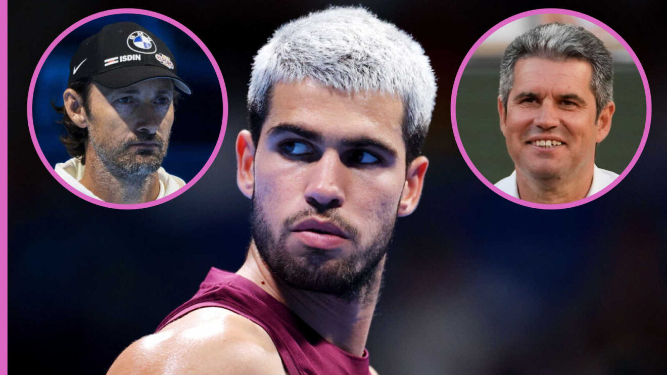 Pictured: Carlos Alcaraz with insets of Juan Carlos Ferrero and Carlos Alcaraz Snr
