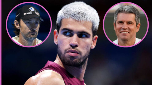 Pictured: Carlos Alcaraz with insets of Juan Carlos Ferrero and Carlos Alcaraz Snr