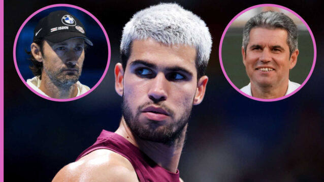 Pictured: Carlos Alcaraz with insets of Juan Carlos Ferrero and Carlos Alcaraz Snr