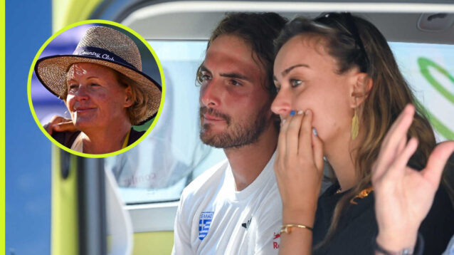 Pictured: Paula Badosa and Stefanos Tsitsipas with inset of Julia Salnikova