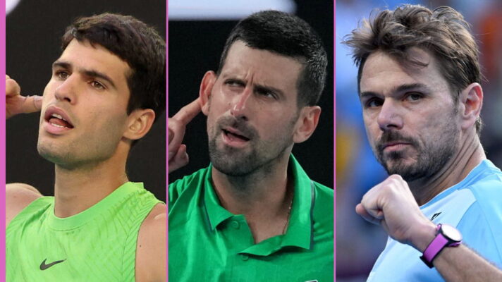 Pictured L-R: Carlos Alcaraz, Novak Djokovic, and Stan Wawrinka.