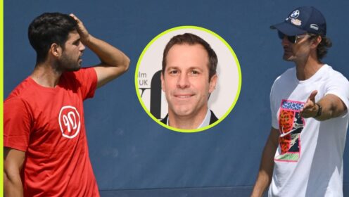 Carlos Alcaraz and Juan Carlos Ferrero with Greg Rusedski