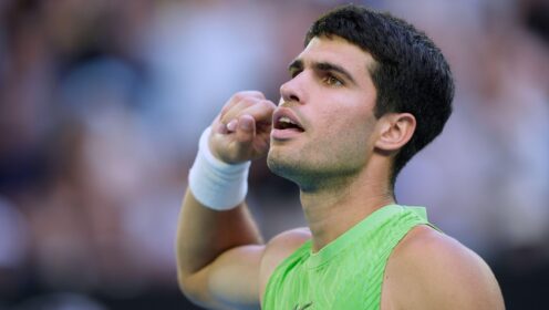 Pictured: Carlos Alcaraz reacts during a match.