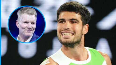 Pictured: Carlos Alcaraz and Jim Courier.