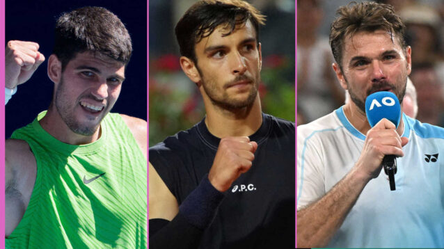 Pictured: Carlos Alcaraz, Lorenzo Mussetti and Stan Wawrinka