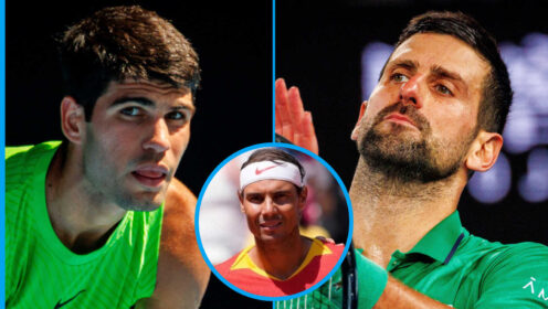 Pictured: Carlos Alcaraz and Novak Djokovic with inset of Rafael Nadal
