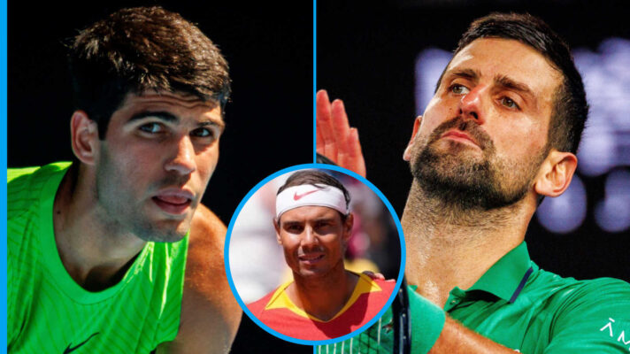 Pictured: Carlos Alcaraz and Novak Djokovic with inset of Rafael Nadal