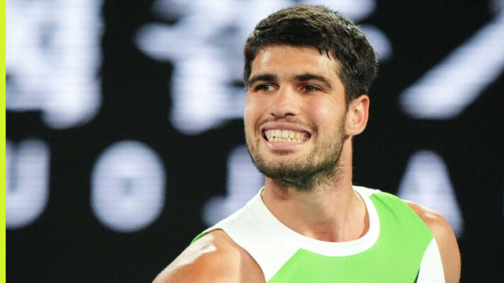 Pictured: Carlos Alcaraz happy during his match