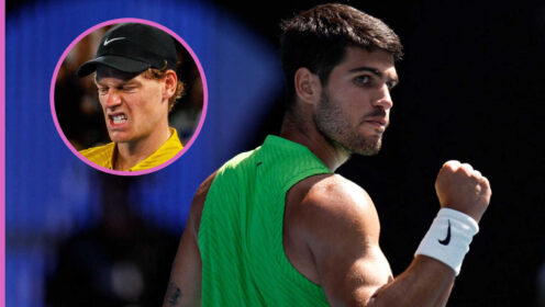 Pictured: Carlos Alcaraz with inset of Jannik Sinner