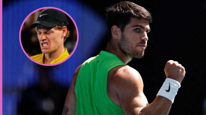 Pictured: Carlos Alcaraz with inset of Jannik Sinner