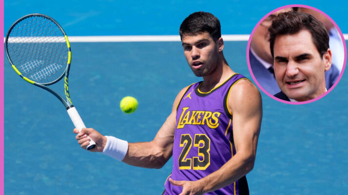 Pictured: Carlos Alcaraz with inset of Roger Federer