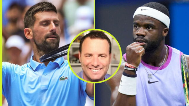 Pictured: Novak Djokovic, Frances Tiafoe, and Mark Kovacs.