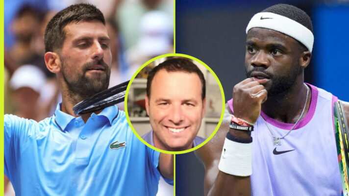 Pictured: Novak Djokovic, Frances Tiafoe, and Mark Kovacs.