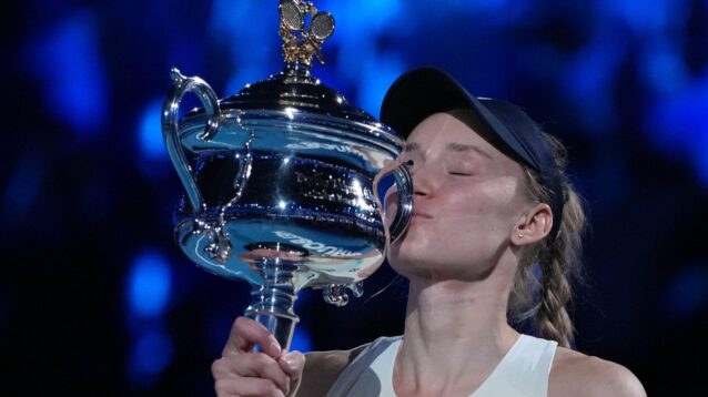 Pictured: Elena Rybakina kisses the Australian Open title.