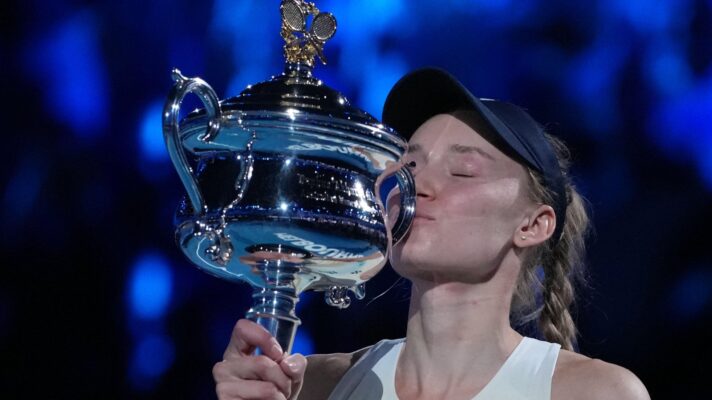 Pictured: Elena Rybakina kisses the Australian Open title.