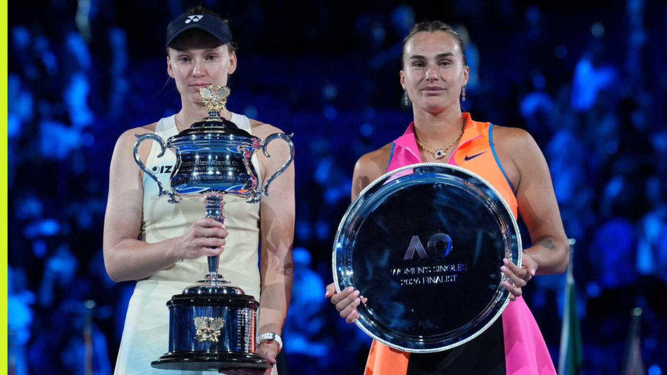 Pictured: Elena Rybakina and Aryna Sabalenka with Australian Open trophies