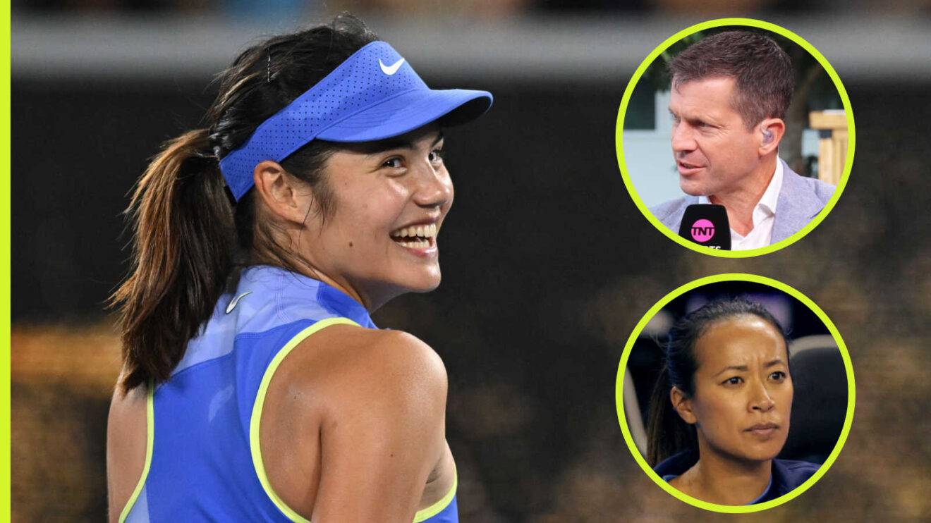 Pictured: Emma Raducanu with insets of Tim Henman and Anne Keothavong