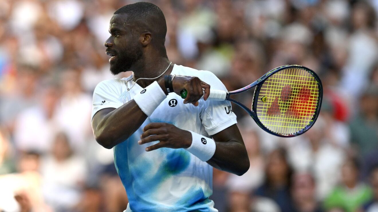 Pictured: Frances Tiafoe after hitting a forehand.