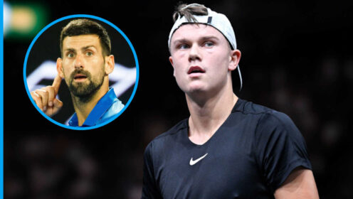 Pictured: Holger Rune with inset of Novak Djokovic