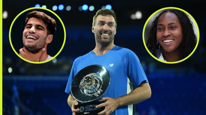 1 point Slam winner Jordan Smith with Carlos Alcaraz and Coco Gauff