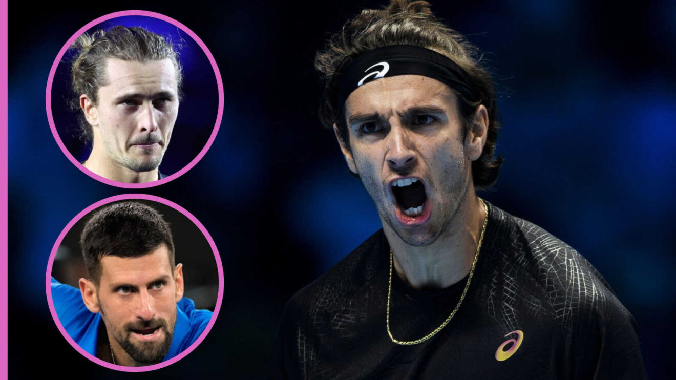 Pictured: Lorenzo Musetti with insets of Alexander Zverev and Novak Djokovic