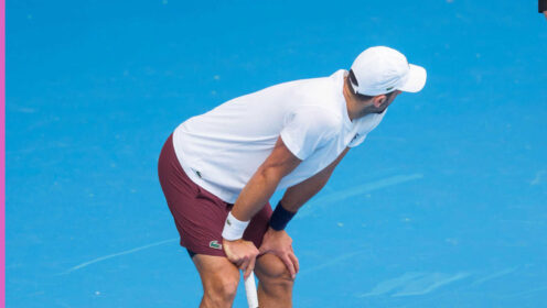 Pictured: Novak Djokovic during practice