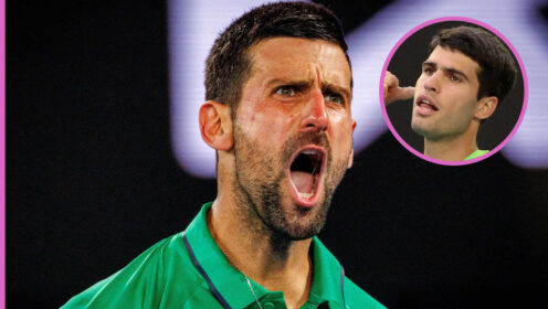 Pictured: Novak Djokovic with inset of Carlos Alcaraz