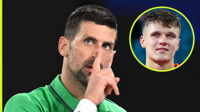 Pictured: Novak Djokovic with inset of Jakub Mensik