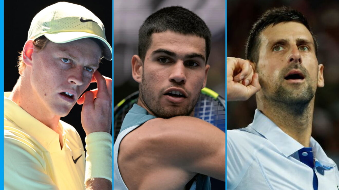 Pictured L-R: Jannik Sinner, Carlos Alcaraz, and Novak Djokovic.