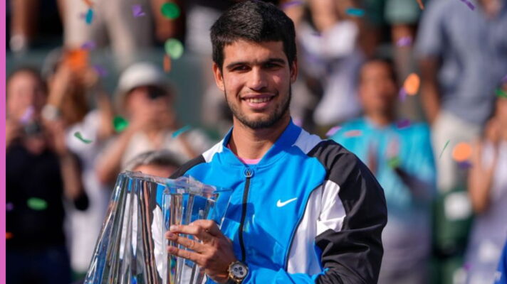 Pictured: Carlos Alcaraz lifts the Indian Wells title.