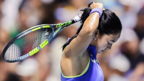 Pictured: Alex Eala looks down during a match.