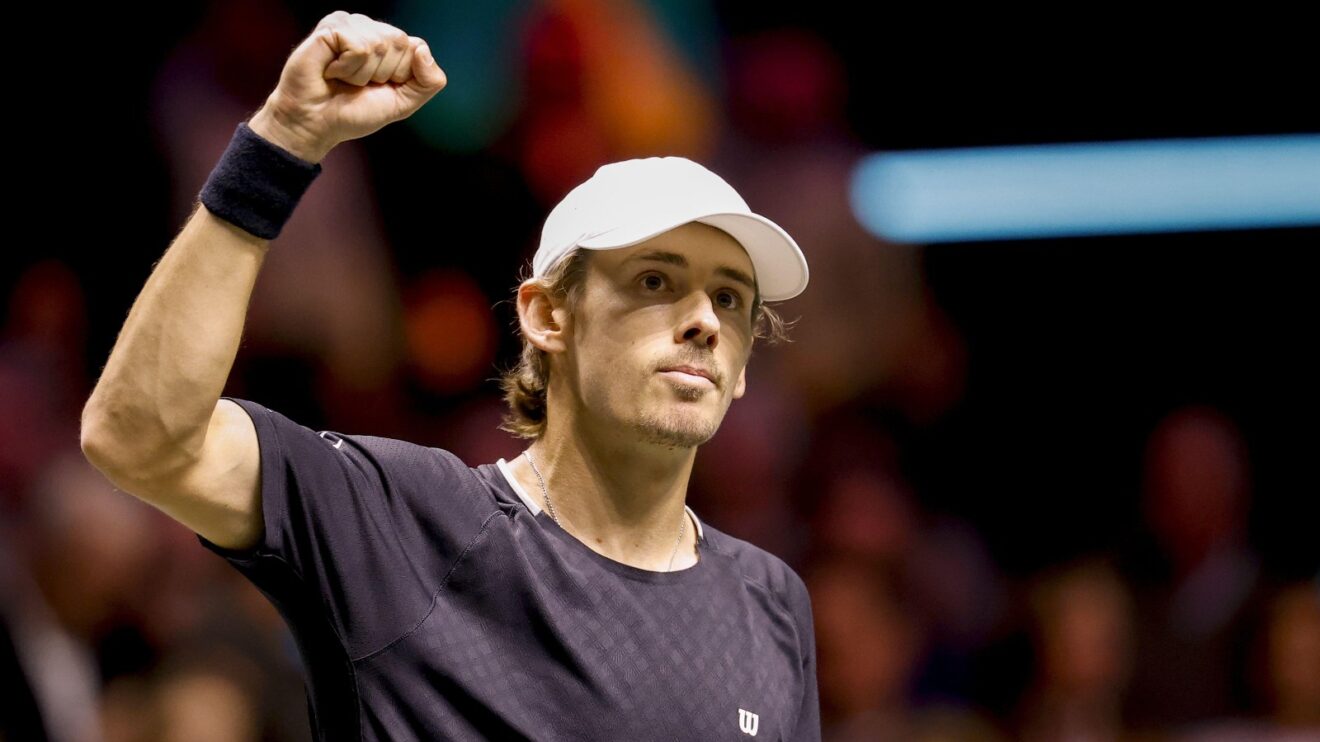 Pictured: Alex de Minaur celebrates during a match.