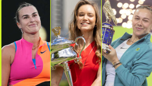 Pictured: Aryna Sabalenka, Elena Rybakina and Amanda Anisimova