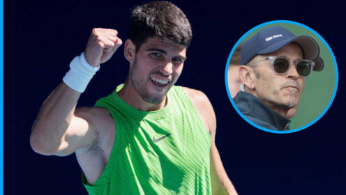 Pictured: Carlos Alcaraz and coach Samuel Lopez.