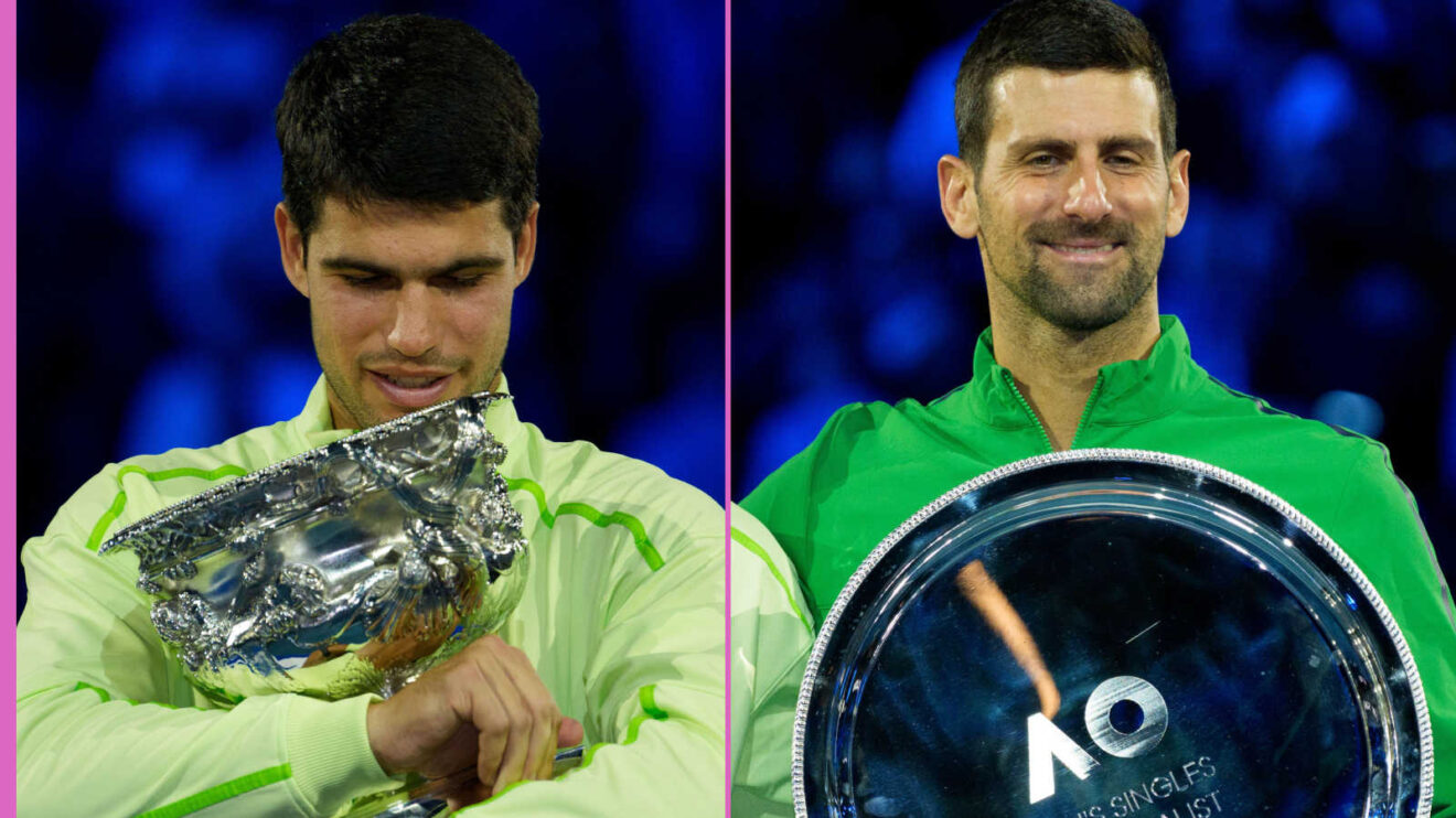Pictured: Carlos Alcaraz and Novak Djokovic with trophies