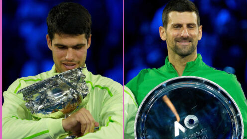 Pictured: Carlos Alcaraz and Novak Djokovic with trophies